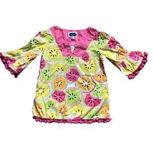 Mudpie 2T Citrus dress, lemons & limes  pom-poms, bell sleeves Pink green tunic